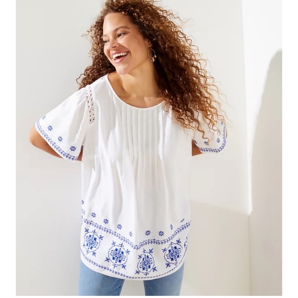 Loft Embroidered Pintucked Lace Cutout Top - Picture 2 of 8